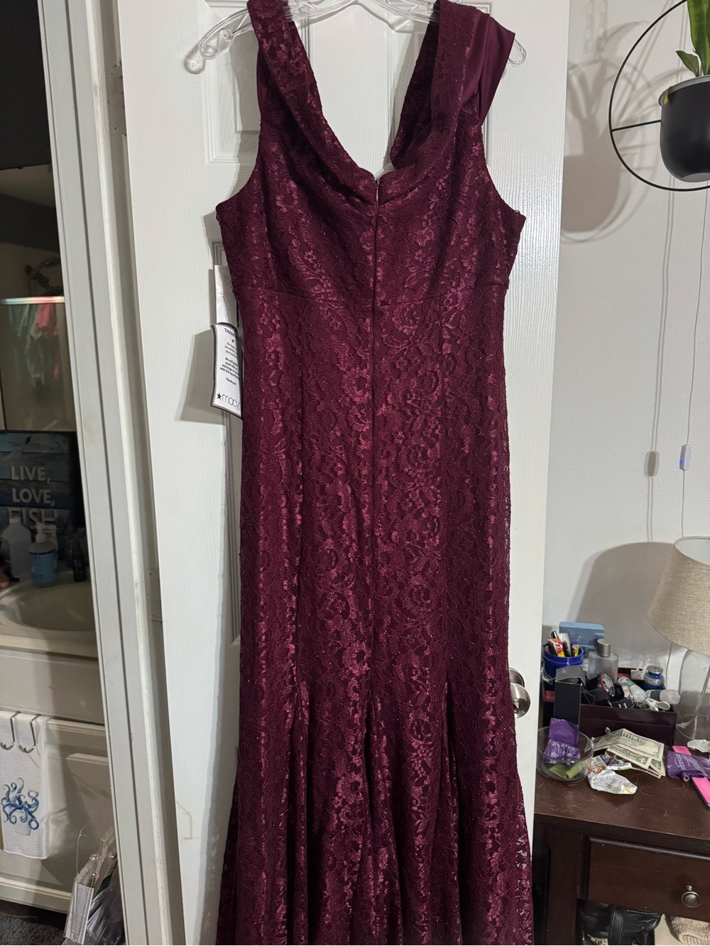 R&M Richards Sleeveless Lace Gown in Burgundy